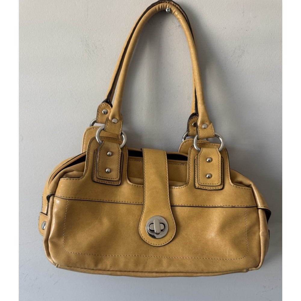 Y2K Tan Mondani faux leather Shoulder bag Mustard Tan Silver Buckle Hardware